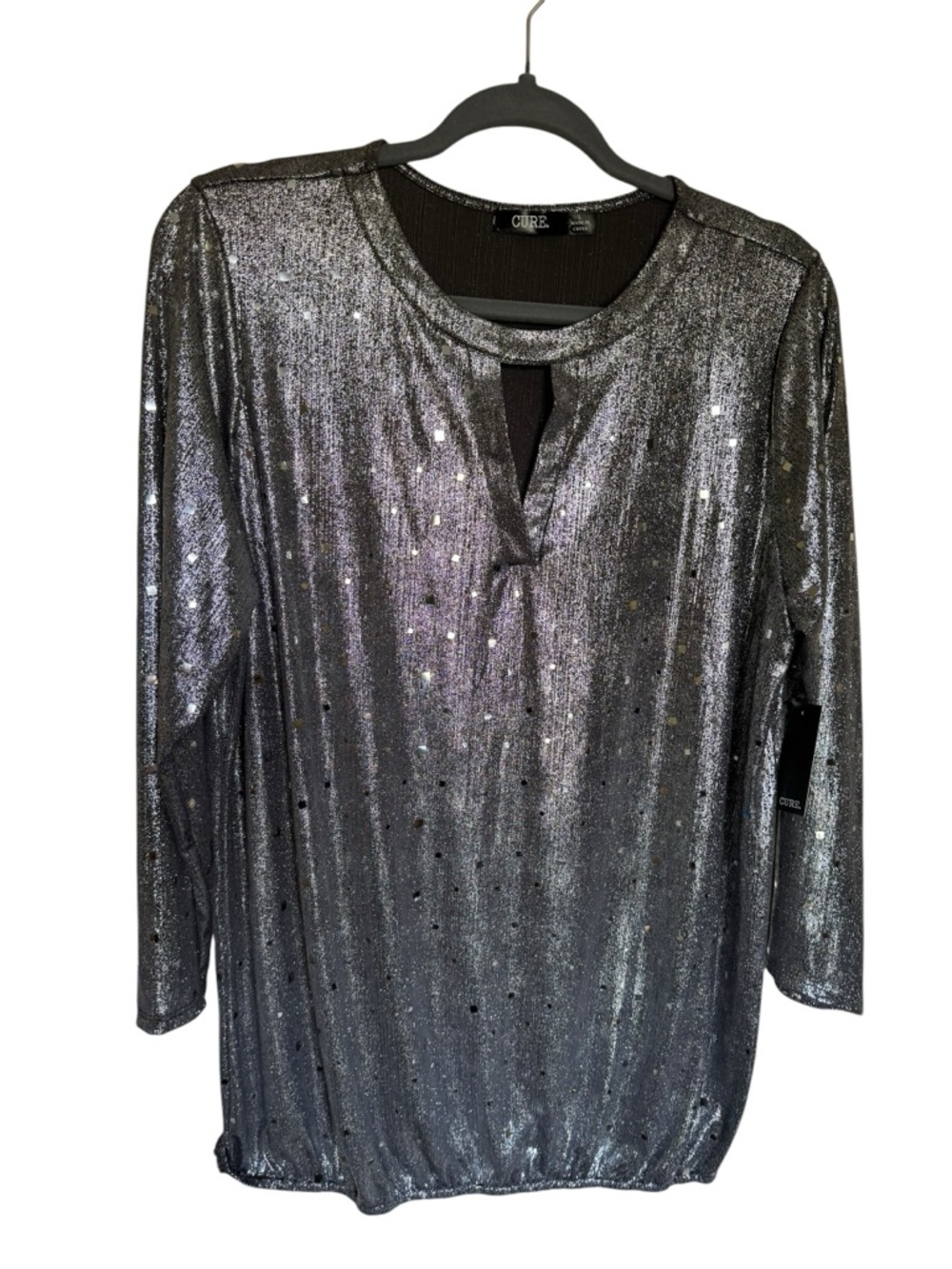 NWT CURE Silver Metallic Top Size L Shimmer Sequin Keyhole Neck Party Blouse - Picture 2 of 8